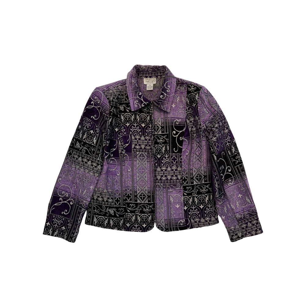 Molly & Maxx Purple Black Patchwork Tapestry Artsy Whimsygoth Zip Jacket Size MP